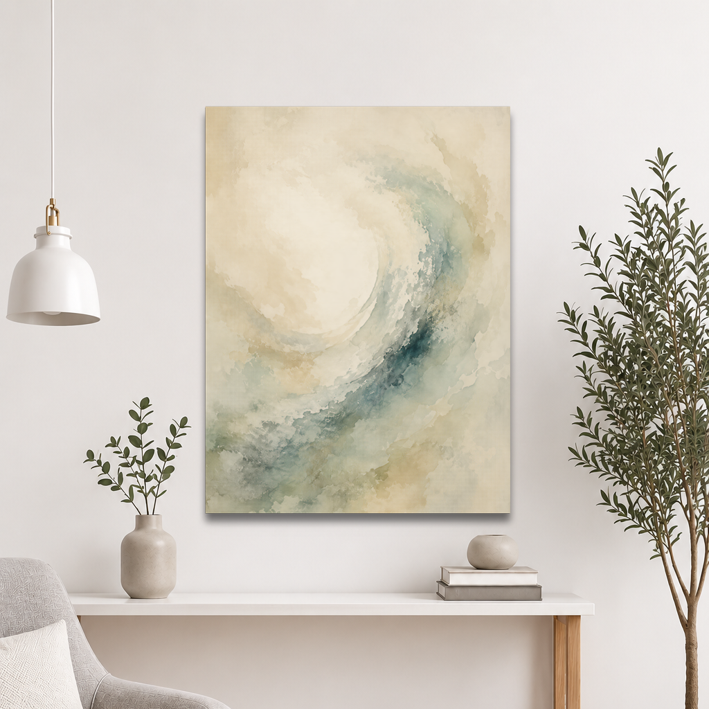 Minimalist ocean wave-inspired poster with flowing watercolor textures in soft blue, sage, and warm neutral tones.