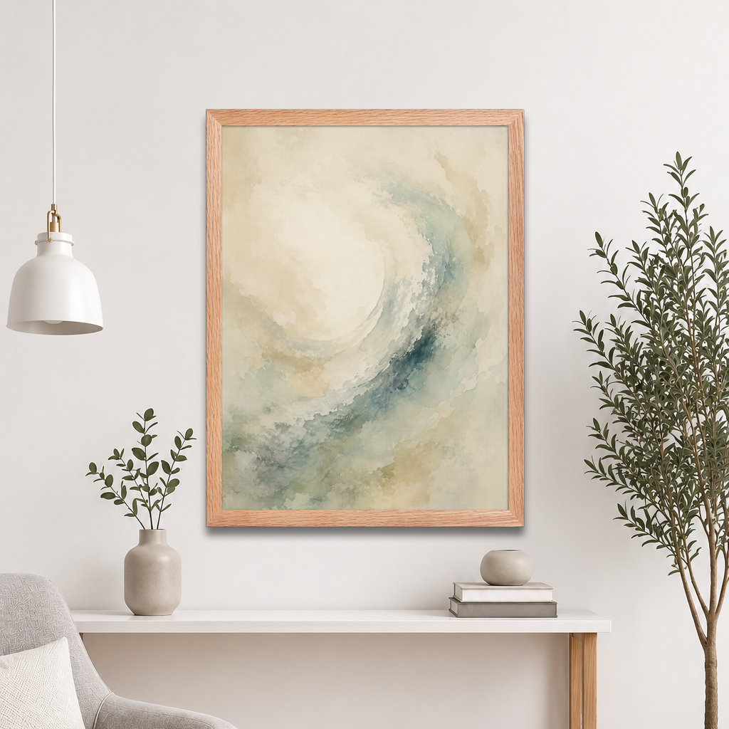 Framed ocean wave-inspired poster with flowing watercolor textures in soft blue, sage, and warm neutral tones.
