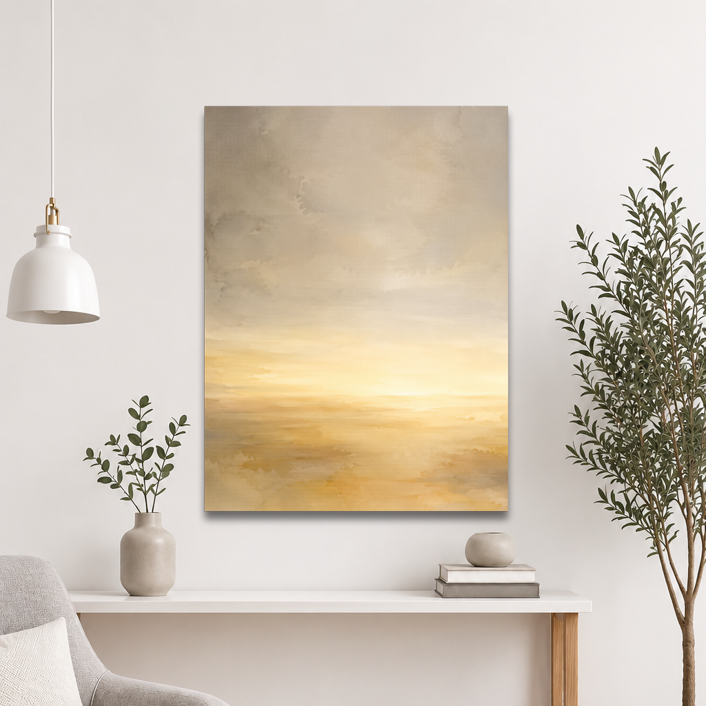 Minimalist sunrise poster featuring a glowing ocean horizon with soft watercolor textures in warm gold, ivory, and neutral tones.
