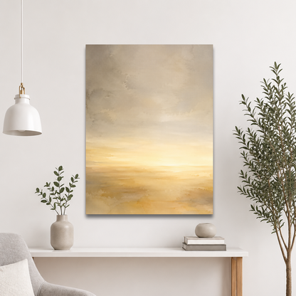 Minimalist sunrise poster featuring a glowing ocean horizon with soft watercolor textures in warm gold, ivory, and neutral tones.