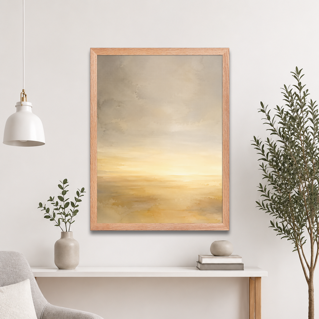 Framed sunrise poster featuring a glowing ocean horizon with soft watercolor textures in warm gold, ivory, and neutral tones.