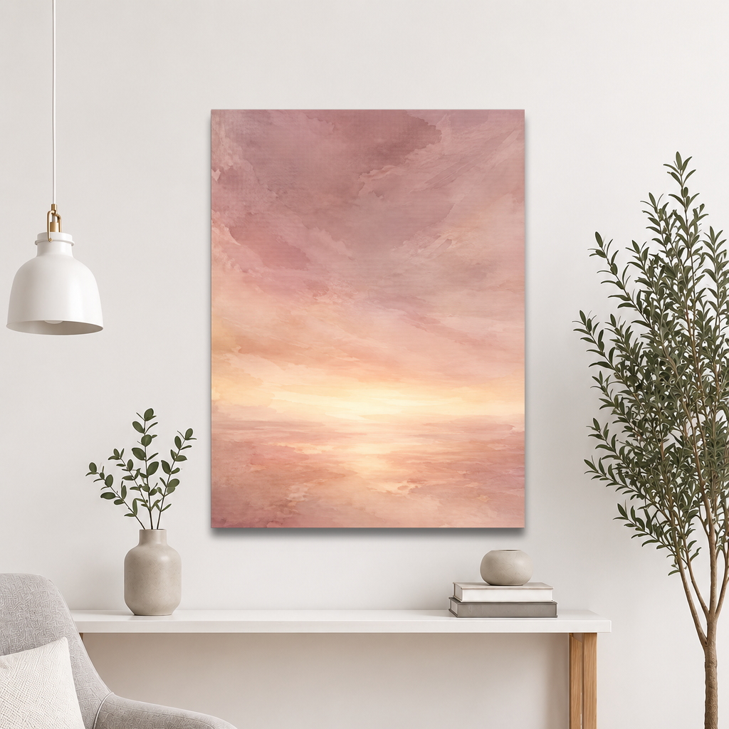 Minimalist sunrise poster with a glowing blush ocean horizon and soft watercolor textures in pink, peach, and warm neutral tones.