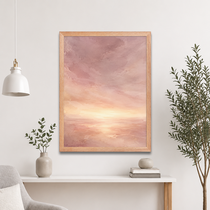 Framed sunrise poster with a glowing blush ocean horizon and soft watercolor textures in pink, peach, and warm neutral tones.