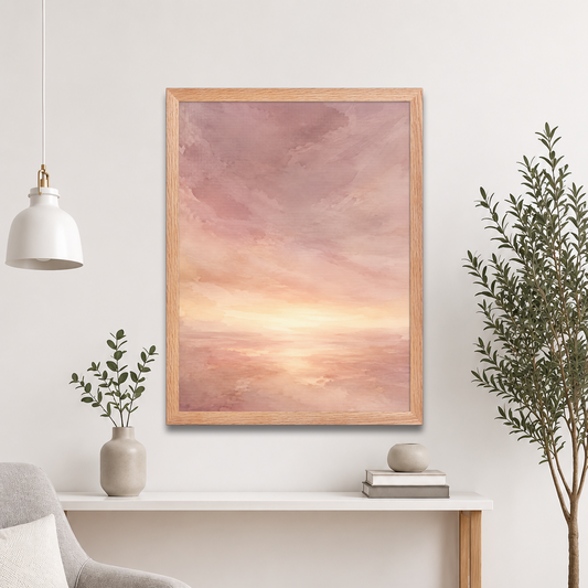 Framed sunrise poster with a glowing blush ocean horizon and soft watercolor textures in pink, peach, and warm neutral tones.