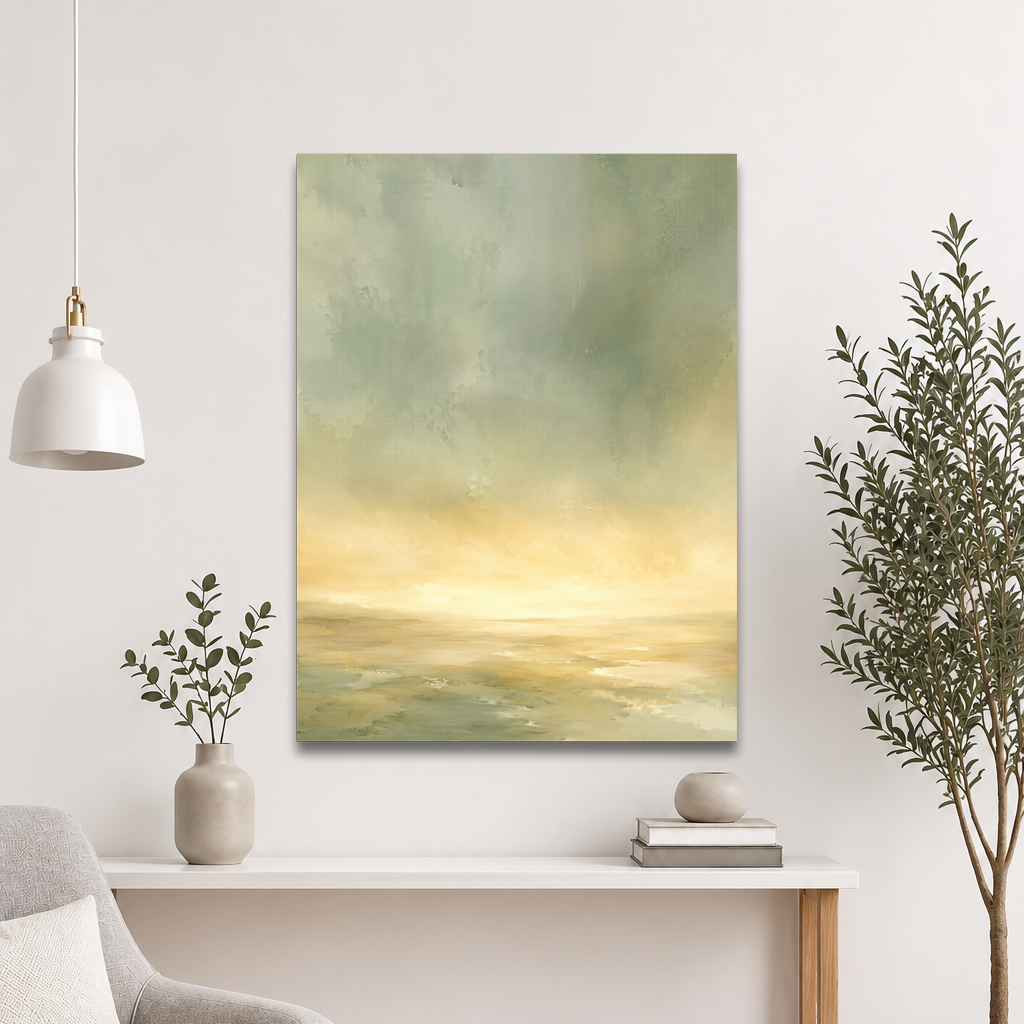 Minimalist sunrise poster featuring a glowing ocean horizon with soft sage green, warm gold, and watercolor textures.