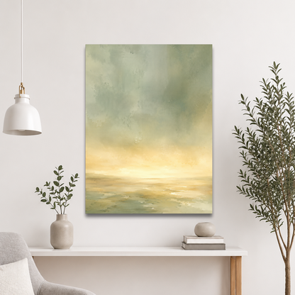 Minimalist sunrise poster featuring a glowing ocean horizon with soft sage green, warm gold, and watercolor textures.