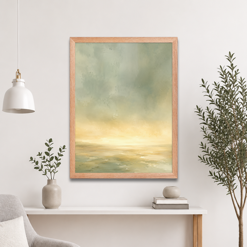 Framed sunrise poster featuring a glowing ocean horizon with soft sage green, warm gold, and watercolor textures.