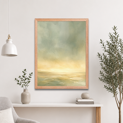 Framed sunrise poster featuring a glowing ocean horizon with soft sage green, warm gold, and watercolor textures.