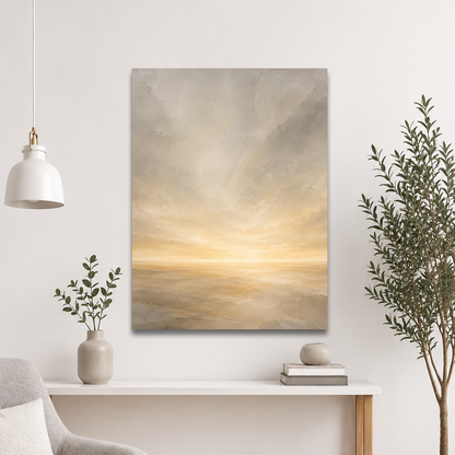 Minimalist sunrise poster featuring a glowing ocean horizon with soft neutral watercolor textures in ivory, beige, and warm gold.