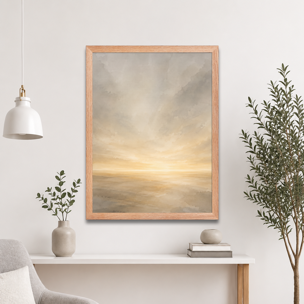Framed sunrise poster featuring a glowing ocean horizon with soft neutral watercolor textures in ivory, beige, and warm gold.