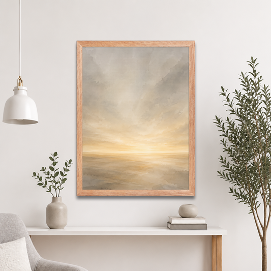Framed sunrise poster featuring a glowing ocean horizon with soft neutral watercolor textures in ivory, beige, and warm gold.
