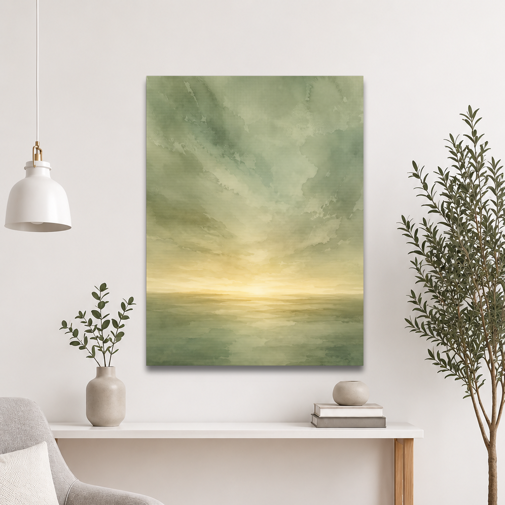 Minimalist sunrise poster featuring a glowing ocean horizon with soft sage green watercolor textures and warm golden light.
