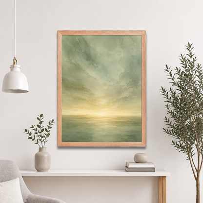 Framed sunrise poster featuring a glowing ocean horizon with soft sage green watercolor textures and warm golden light.