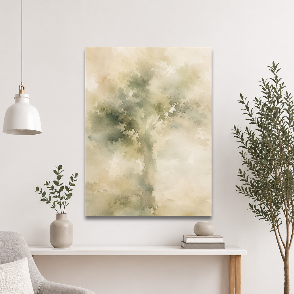 Minimalist nature-inspired poster with a softly emerging tree form in muted green and warm neutral tones