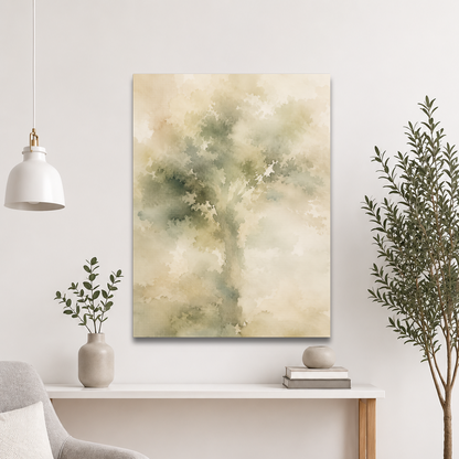 Minimalist nature-inspired poster with a softly emerging tree form in muted green and warm neutral tones