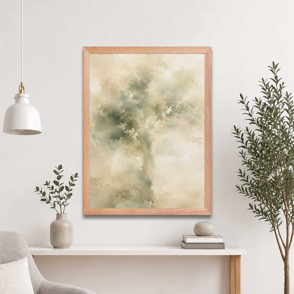 Framed minimalist nature poster featuring a softly emerging tree form in muted green and warm neutral tones.