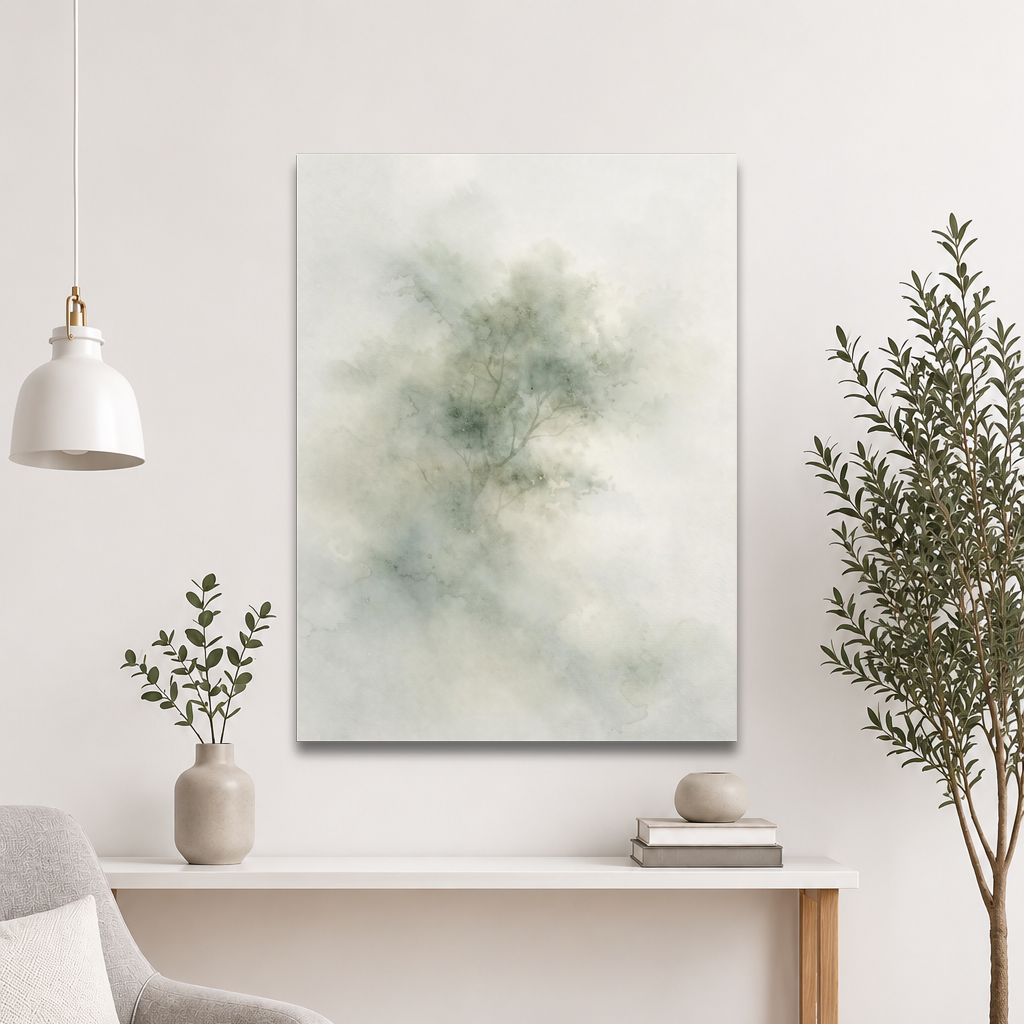 Minimalist watercolor-inspired artwork with a softly emerging tree form and subtle neutral tones.