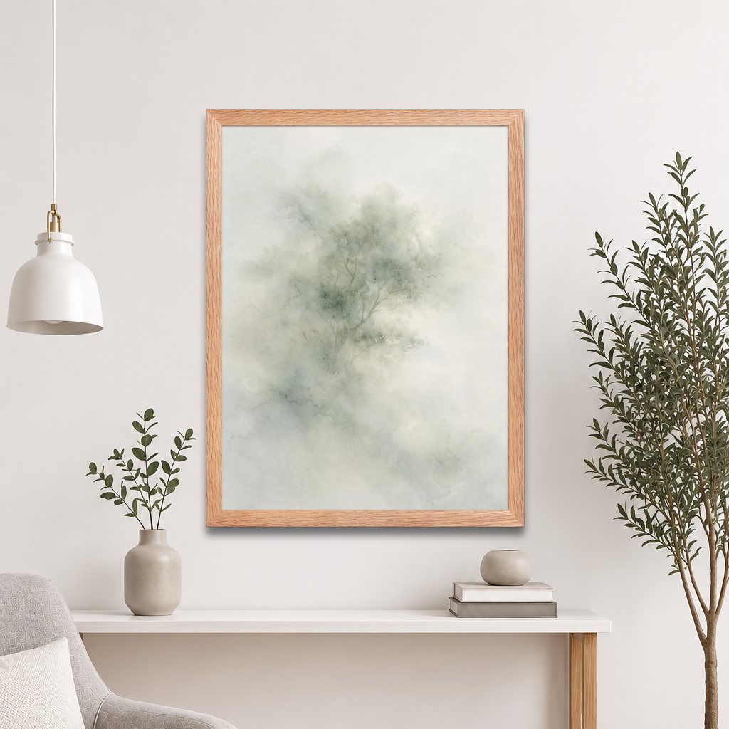Framed minimalist watercolor-inspired artwork with a softly emerging tree form and subtle neutral tones.