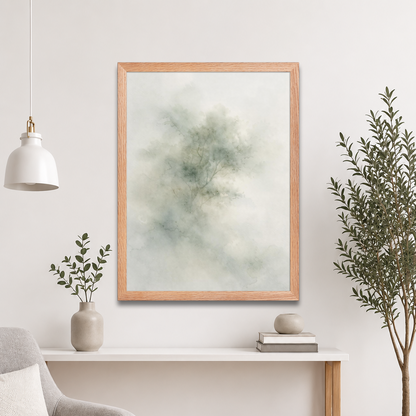 Framed minimalist watercolor-inspired artwork with a softly emerging tree form and subtle neutral tones.