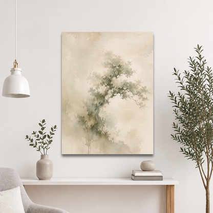 Minimalist nature-inspired poster featuring an emerging tree form in soft earthy neutral tones.