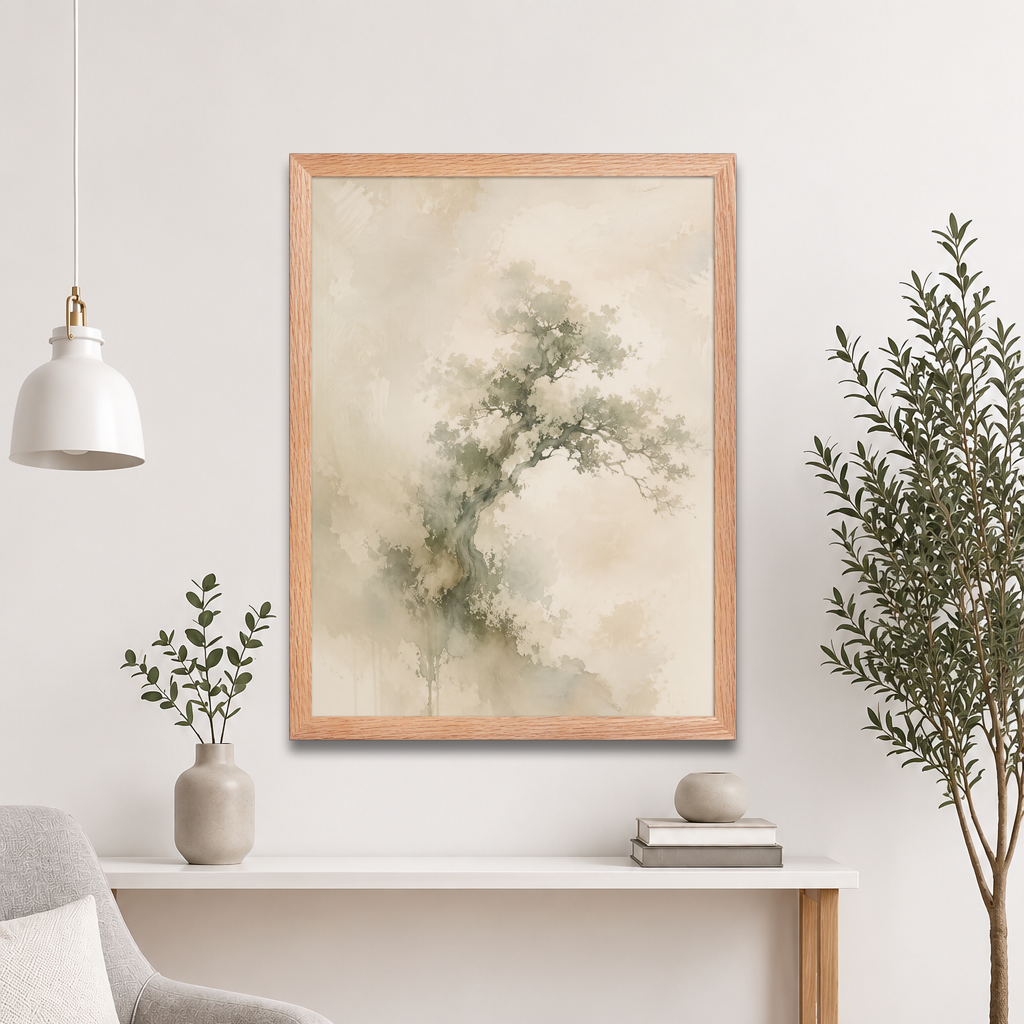 Framed minimalist nature-inspired poster featuring an emerging tree form in soft earthy neutral tones.