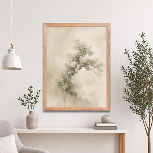 Framed minimalist nature-inspired poster featuring an emerging tree form in soft earthy neutral tones.
