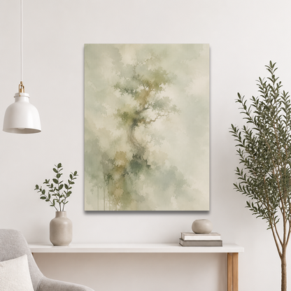 Minimalist nature-inspired poster featuring a softly emerging tree form in muted neutral tones and organic watercolor textures.