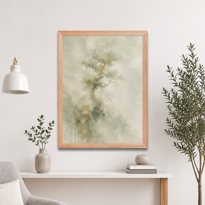 Framed minimalist nature-inspired poster featuring a softly emerging tree form in muted neutral tones and organic watercolor textures.
