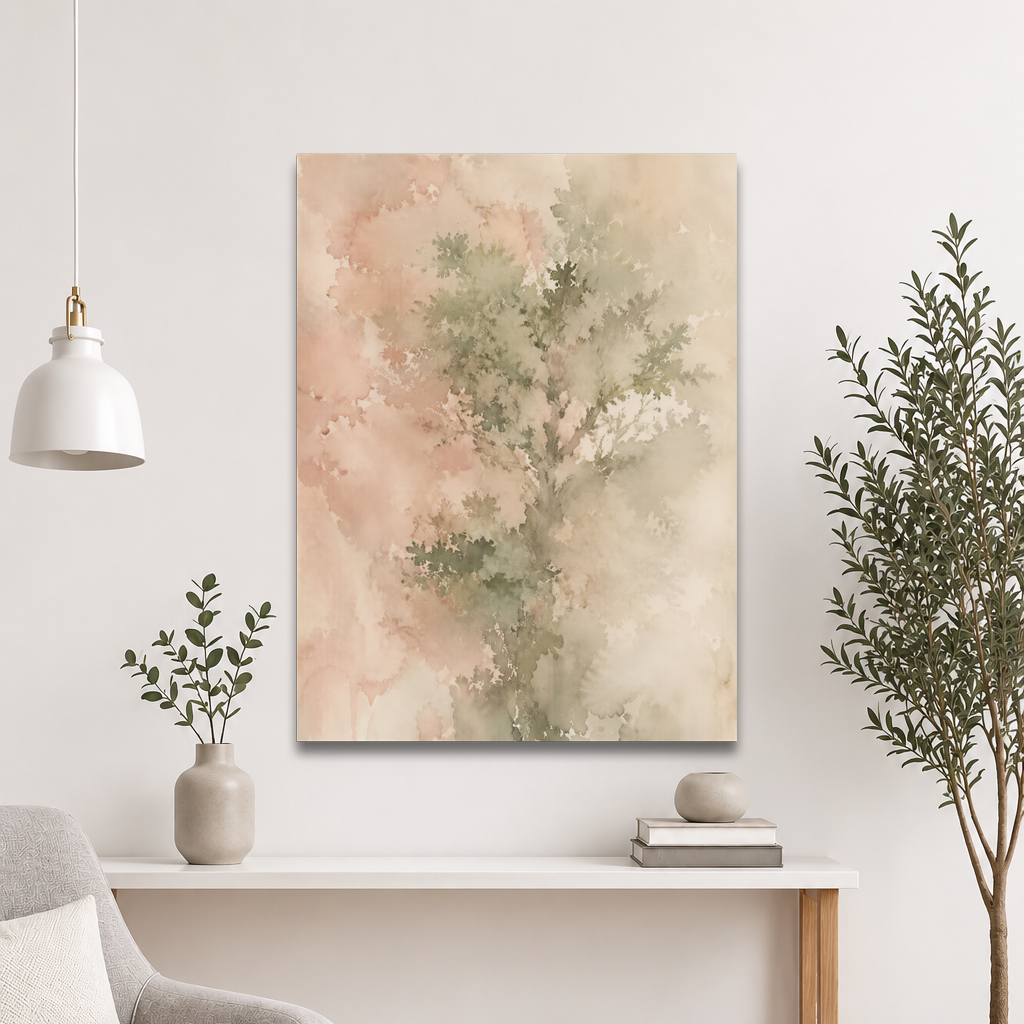 Minimalist nature-inspired poster featuring a softly emerging tree form in blush, sage, and warm neutral tones.
