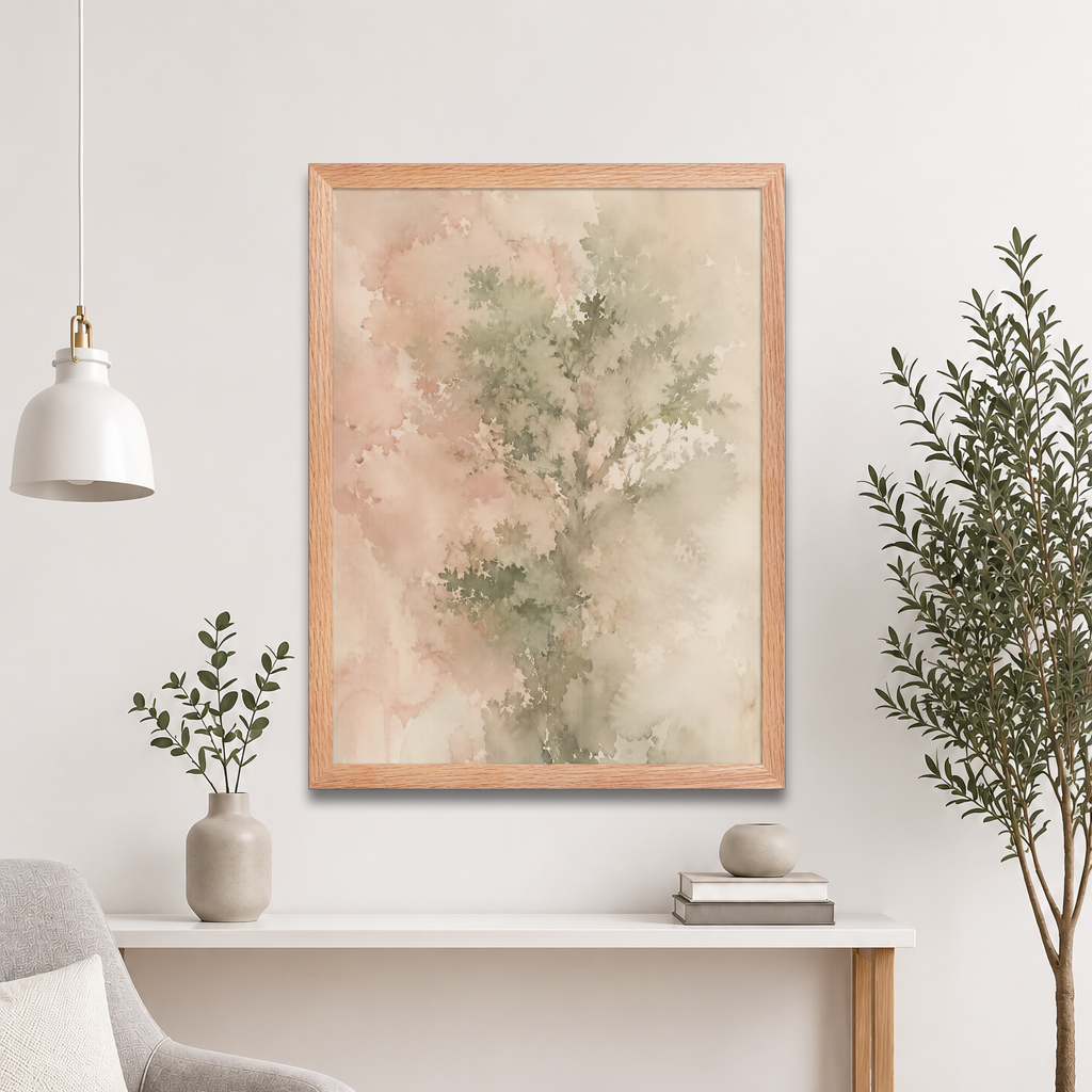 Framed minimalist nature-inspired poster featuring a softly emerging tree form in blush, sage, and warm neutral tones.