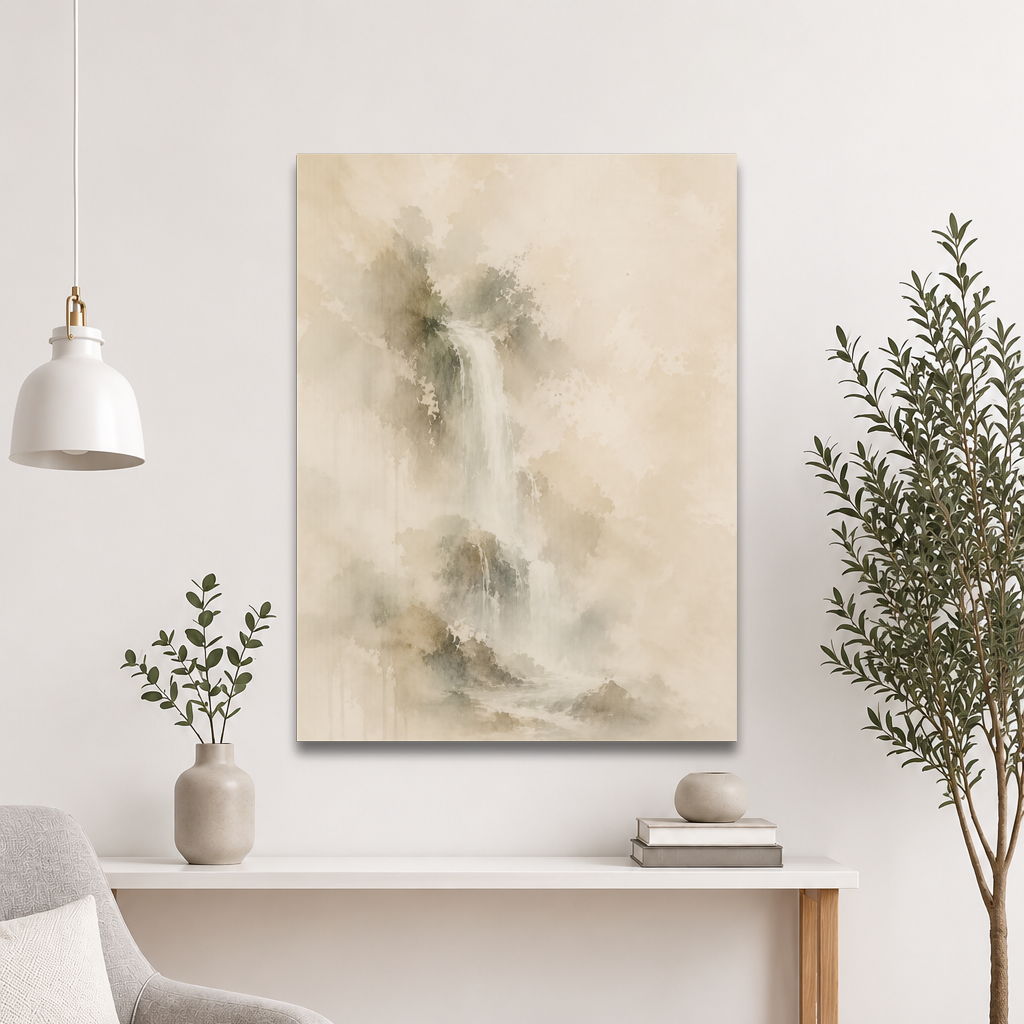 Minimalist waterfall-inspired poster featuring soft flowing forms in warm neutral and muted earth tones.