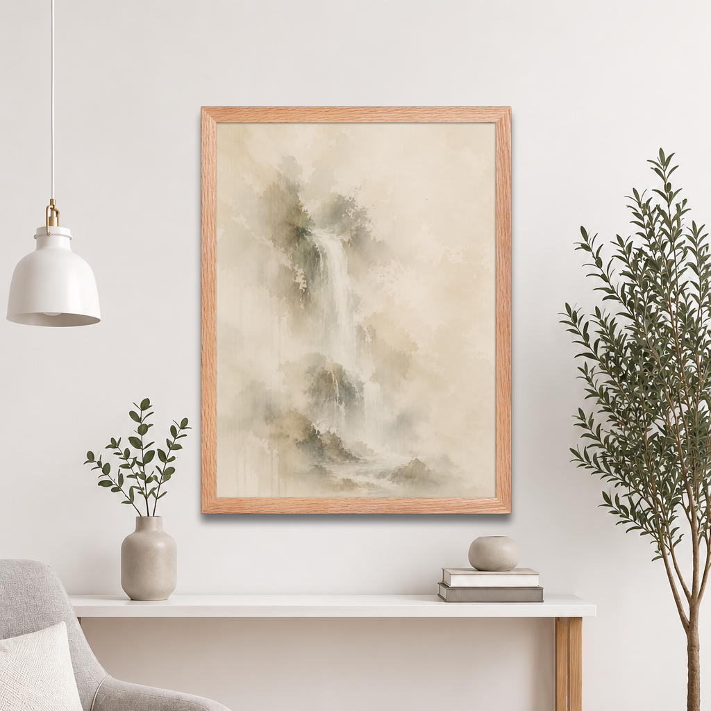 Framed waterfall-inspired poster featuring soft flowing forms in warm neutral and muted earth tones.