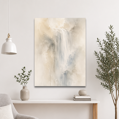 Minimalist waterfall-inspired poster with soft flowing forms in warm neutrals, misty blues, and subtle organic textures.