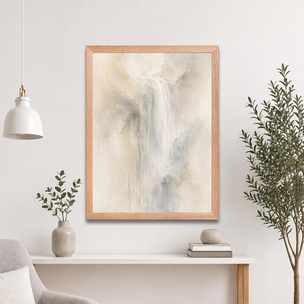 Framed waterfall-inspired poster with soft flowing forms in warm neutrals, misty blues, and subtle organic textures.