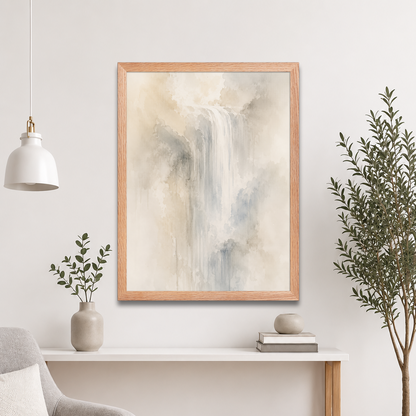Framed waterfall-inspired poster with soft flowing forms in warm neutrals, misty blues, and subtle organic textures.