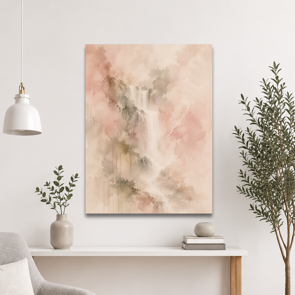 Minimalist waterfall-inspired poster featuring soft flowing forms in blush, warm neutral, and muted earth tones.