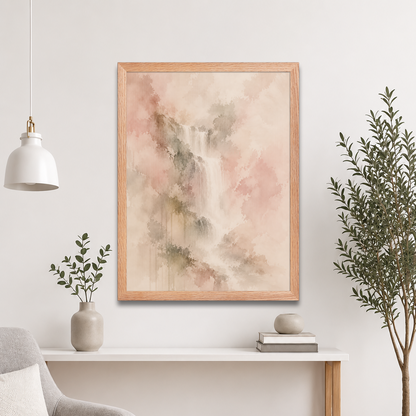 Framed waterfall-inspired poster featuring soft flowing forms in blush, warm neutral, and muted earth tones.