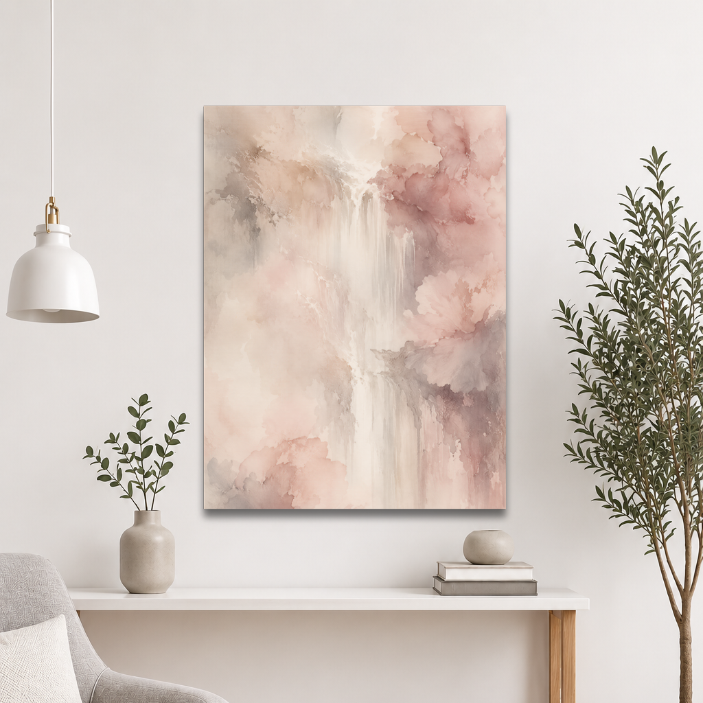 Minimalist waterfall-inspired poster featuring soft flowing forms in blush pink, warm neutrals, and muted earth tones.