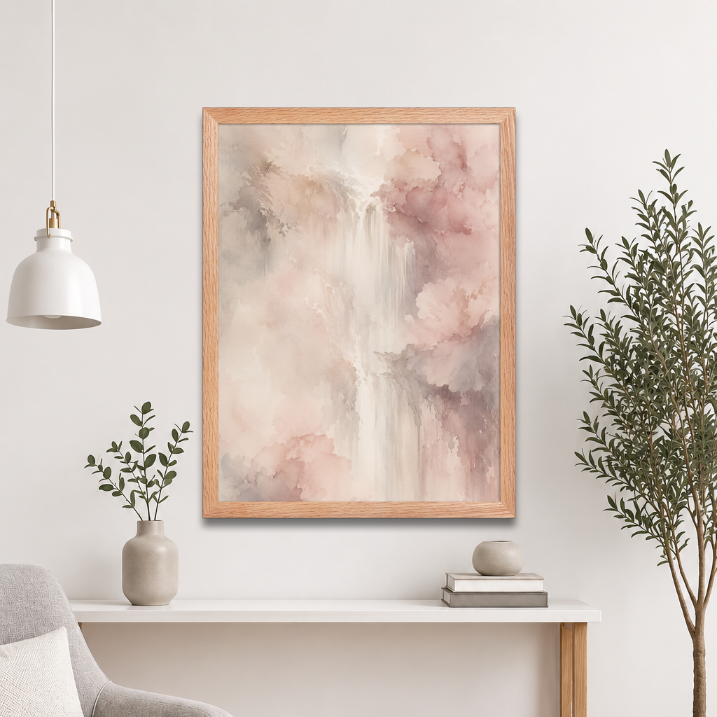 Framed waterfall-inspired poster featuring soft flowing forms in blush pink, warm neutrals, and muted earth tones.
