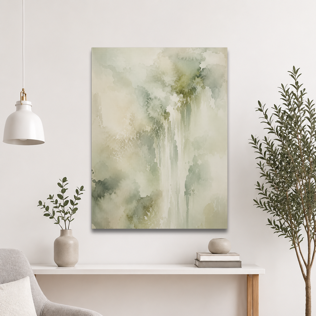 Minimalist waterfall-inspired poster featuring soft flowing forms in sage green, warm neutrals, and muted natural tones.