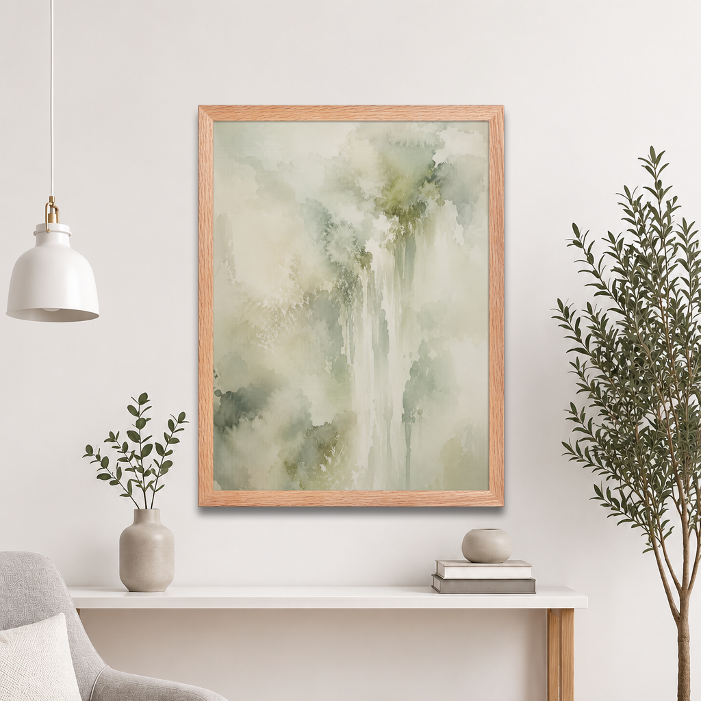 Framed waterfall-inspired poster featuring soft flowing forms in sage green, warm neutrals, and muted natural tones.