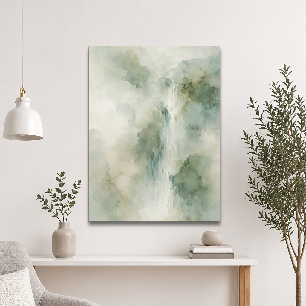 Minimalist waterfall-inspired poster with soft sage green tones, flowing water, and organic watercolor textures.