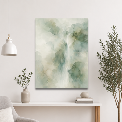 Minimalist waterfall-inspired poster with soft sage green tones, flowing water, and organic watercolor textures.