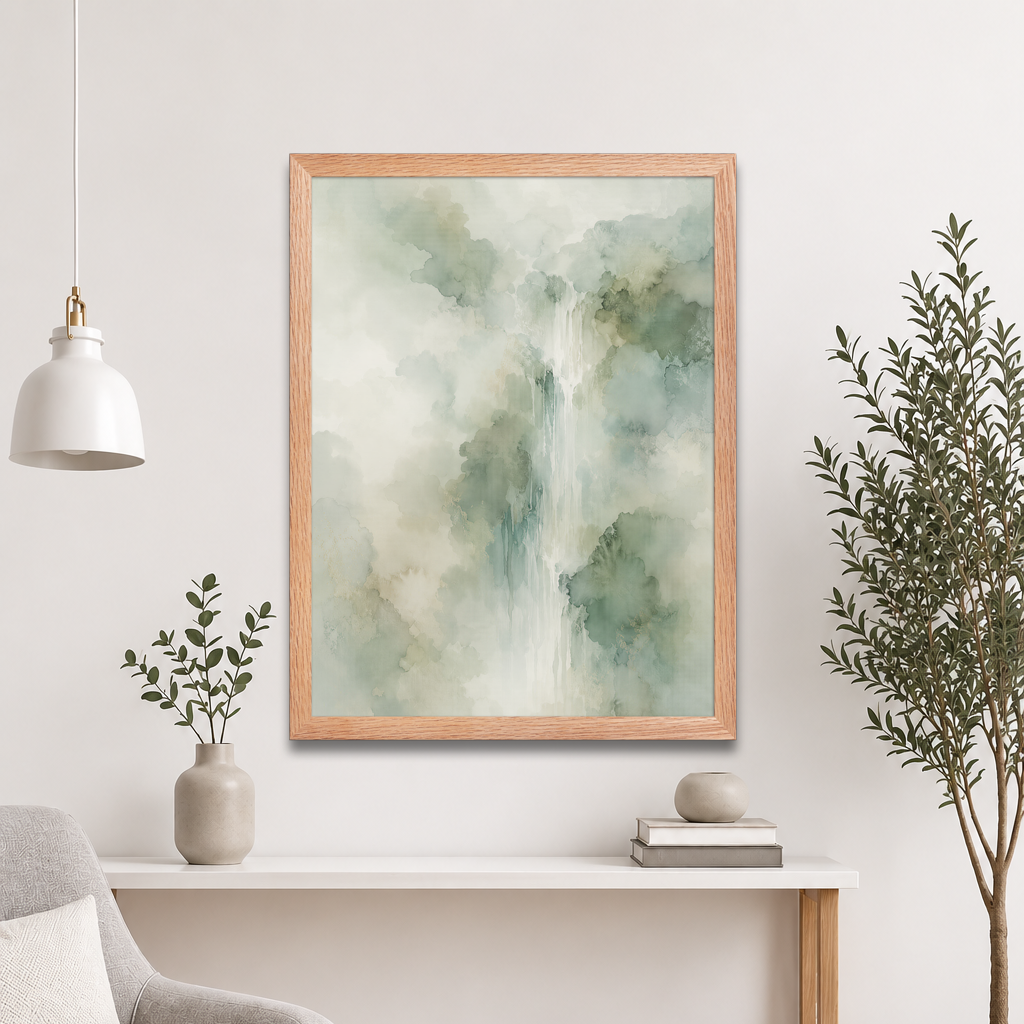 Framed waterfall-inspired poster with soft sage green tones, flowing water, and organic watercolor textures.