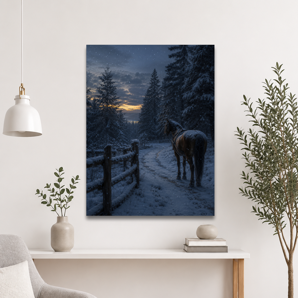 Winter forest poster with a lone horse on a snowy path at dusk, inspired by Robert Frost's Miles to go, original Visual Poetry artwork.