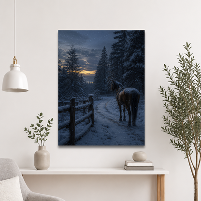Winter forest poster with a lone horse on a snowy path at dusk, inspired by Robert Frost's Miles to go, original Visual Poetry artwork.