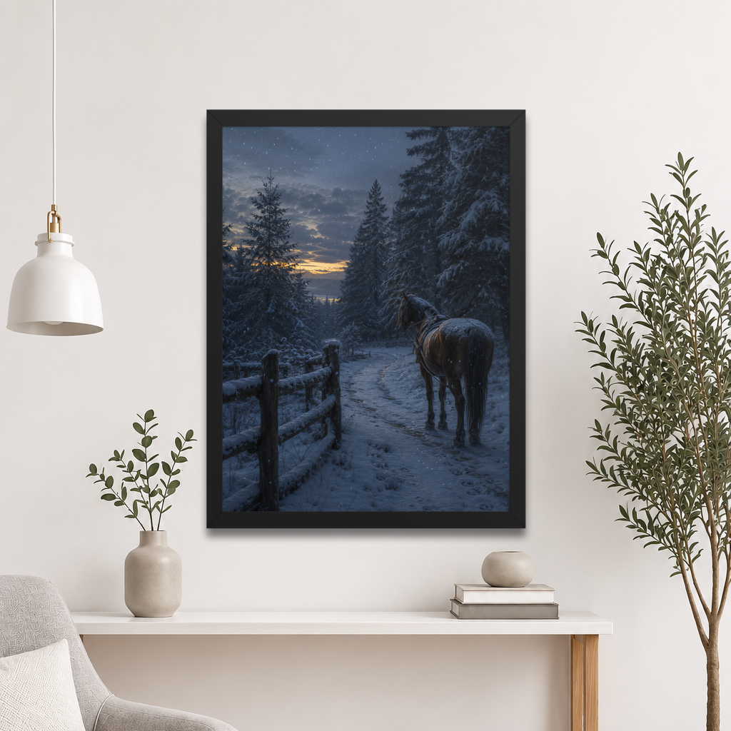 Framed winter forest poster featuring a lone horse on a snowy woodland path at twilight, inspired by Robert Frost's Miles to go, original Visual Poetry artwork.