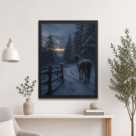 Framed winter forest poster featuring a lone horse on a snowy woodland path at twilight, inspired by Robert Frost's Miles to go, original Visual Poetry artwork.