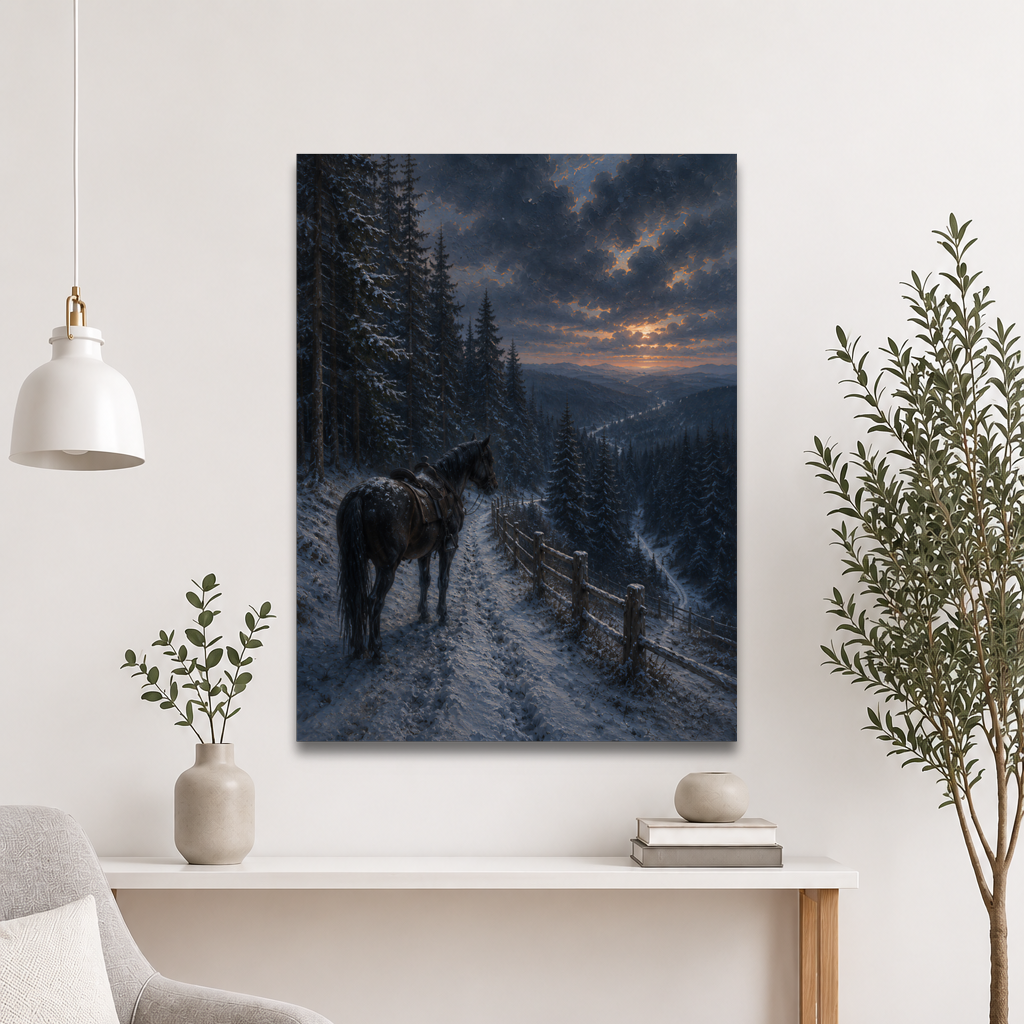 Mountain trail poster with a lone horse on a snowy winter path at sunset, inspired by Robert Frost’s The Road Not Taken, original Visual Poetry artwork.