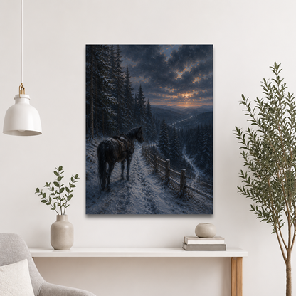 Mountain trail poster with a lone horse on a snowy winter path at sunset, inspired by Robert Frost’s The Road Not Taken, original Visual Poetry artwork.